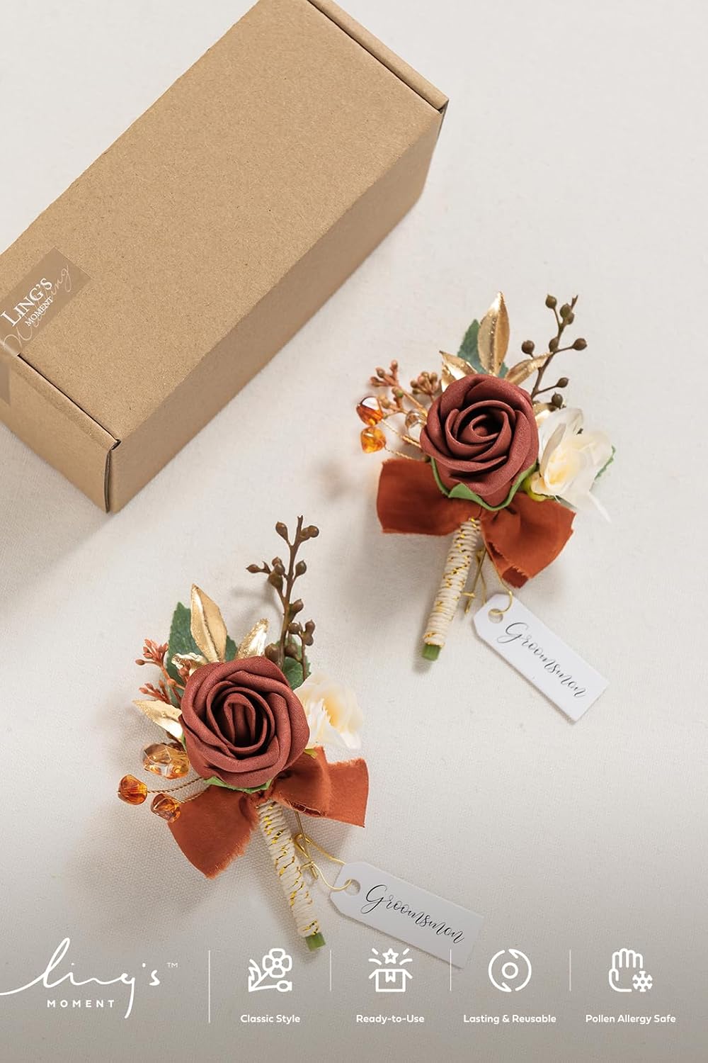Ling's moment Boutonniere for Men, 2pcs, Fall Orange Terracotta