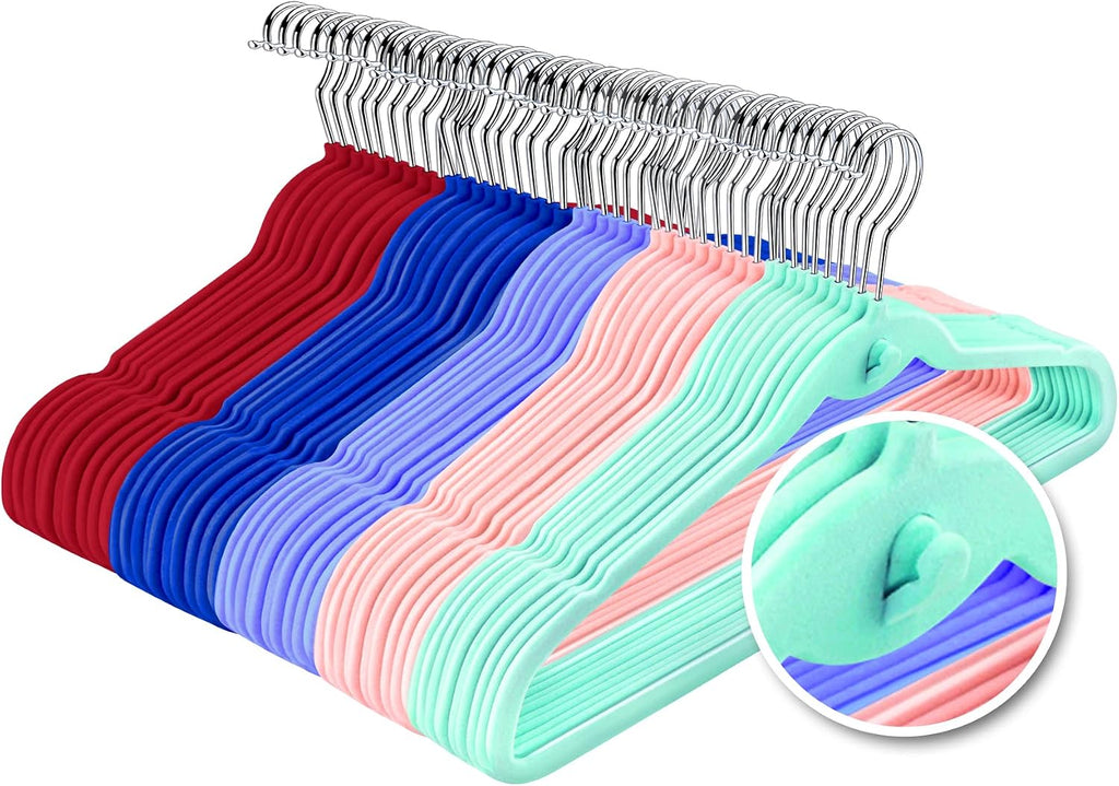 Multi-Color Premium Velvet Hangers with Mini Hooks, Pack of 50, Non Slip, Space Saving Cascading Clothes Hangers, 5 Colors, Pink, Lavender, Navy Blue, Red Burgundy and Mint Green