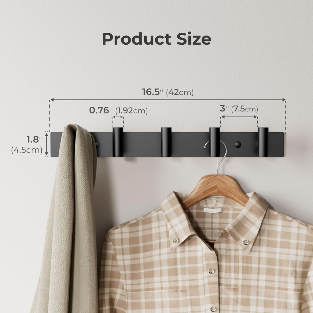 Black Wall Mounted Coat Rack – 5 T-Shaped Hooks on 16.5" Rail, (1 Pack)
