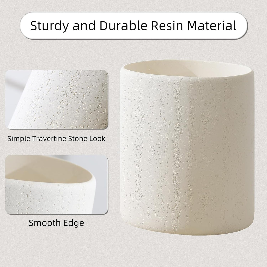 Bathroom Trash Can,1.6 Gallon,Travertine Stone Look,Off White