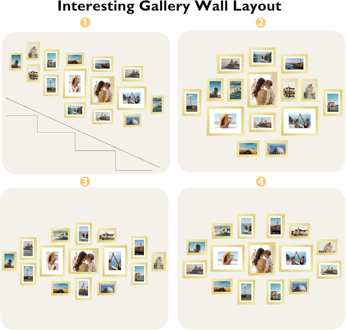 JCJMY 15 Pack Picture Frames Collage Wall Decor for Wall Hanging or Tabletop, Gallery Wall Frame Set for Family, Multi Sizes Photo Frames Collage Including 3Pcs 8x10, 6Pcs 5x7, 6Pcs 4x6, Gold