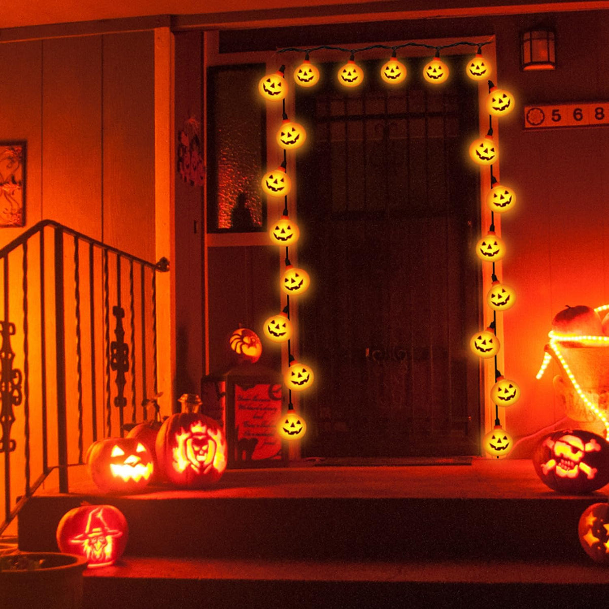 Halloween LED Pumpkin Lights - 8.5Ft Jack O Lantern Pumpkin String Lights with 10 LED Jack O Lantern Lights, for Indoor Outdoor Halloween Decorations for Home Party Yard Patio Tree, 0.07W