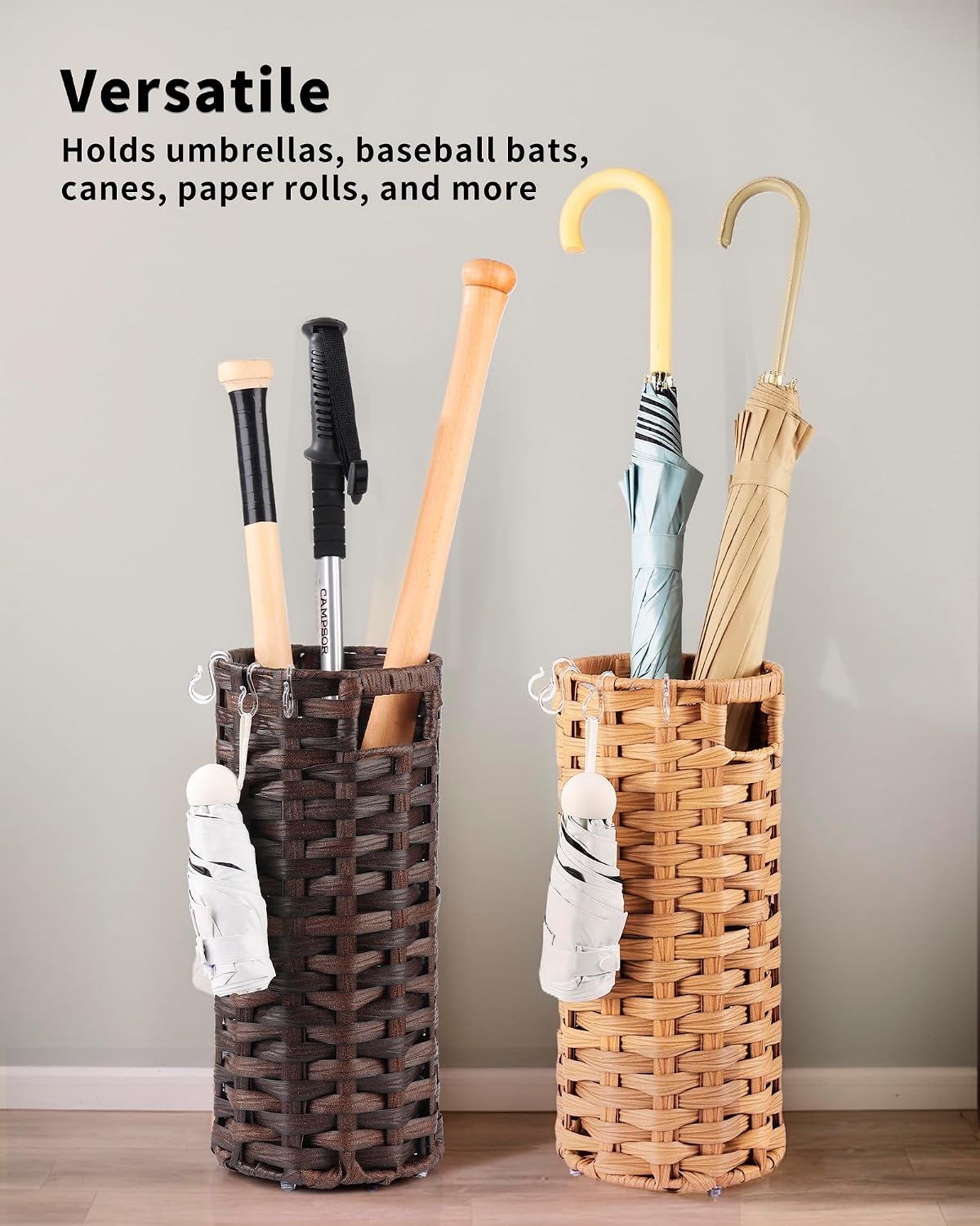 Rattan Umbrella Stand, Umbrella Holder for Entryway, Hand Woven Umbrella Rack Organizer Freestanding, with a Detachable Drip Tray, 4 Hooks, 7.5" L x 7.5" W x 16.5" H, Brown