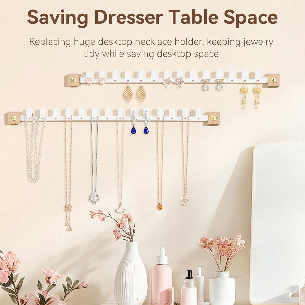 Wall Necklace Holder Hanging Jewelry Organizer 2 Pack Metal Necklace Organizer, Space-saving Jewelry Display for Necklaces & Earrings, Screws Included,White
