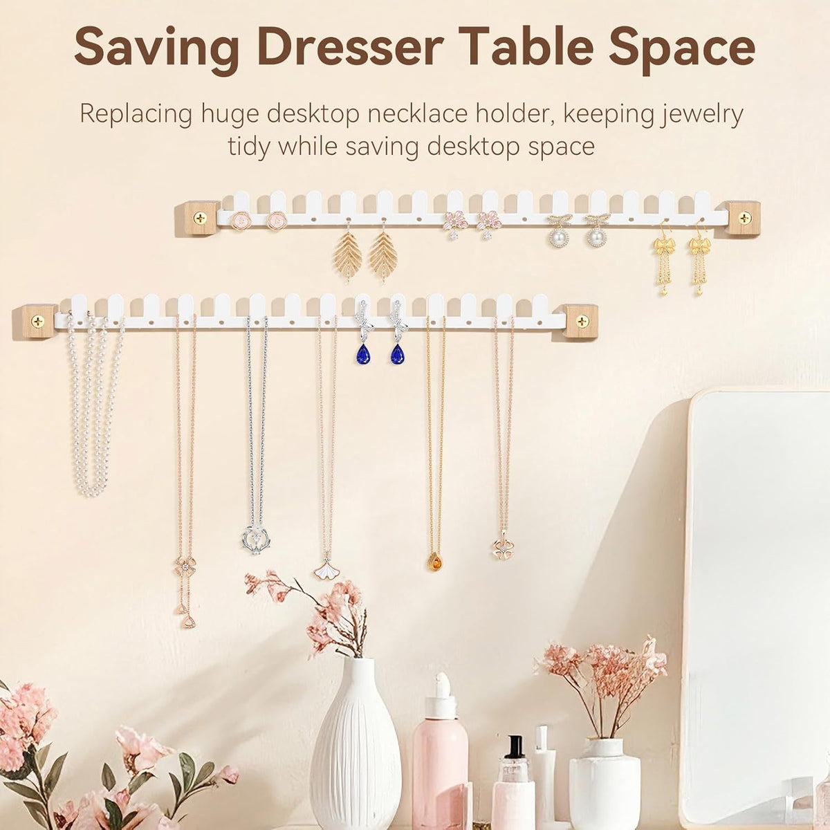 Wall Necklace Holder Hanging Jewelry Organizer 2 Pack Metal Necklace Organizer, Space-saving Jewelry Display for Necklaces & Earrings, Screws Included,White