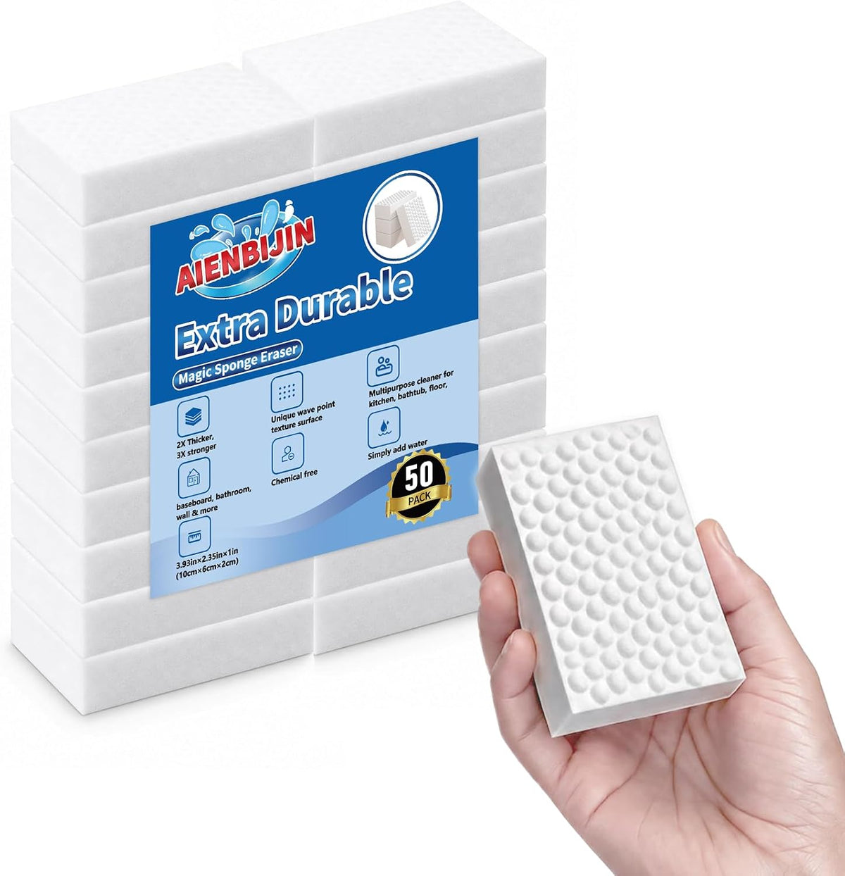 Waffle-Textured Magic Eraser Sponges, High-Density Melamine, 50 Pack