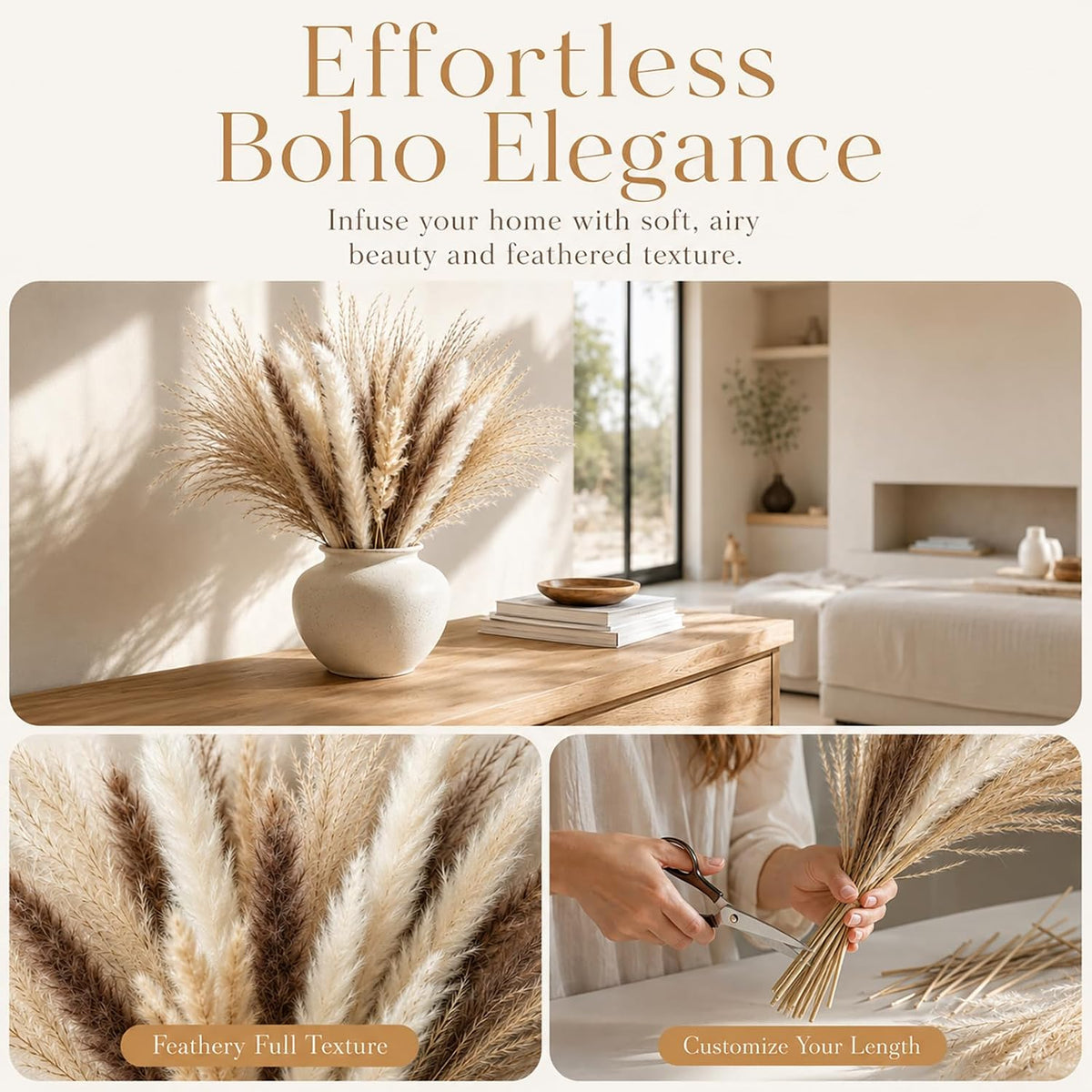 Pampas Grass Boho Bouquet Dried Flowers Bouquet for Vase Home Decor Bouquet Phragmites Dried Flowers Bouquet for Living Room Decorations, Wedding Table Décor, Table Centerpiece