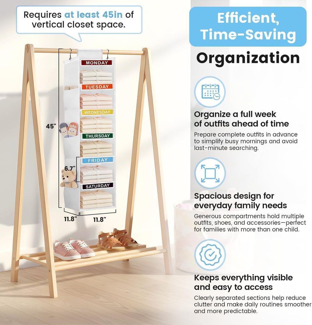 Weekly Clothes Organizer for Kids, 6-Shelf Kid Hanging Closet Organizer w/ 6 Side Pockets, Labeled Weekly Outfit Organizer for Kids, Days of The Week Clothes Organizer Monday Through Friday White