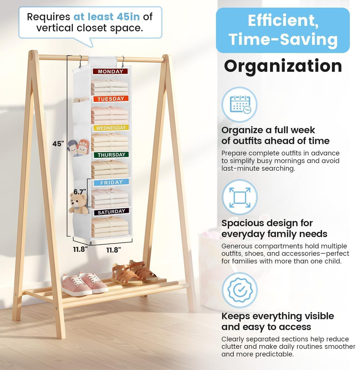 Weekly Clothes Organizer for Kids, 6-Shelf Kid Hanging Closet Organizer w/ 6 Side Pockets, Labeled Weekly Outfit Organizer for Kids, Days of The Week Clothes Organizer Monday Through Friday White