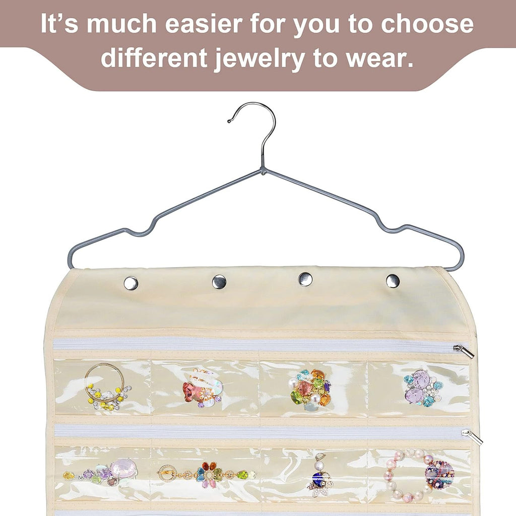 Beige Hanging Jewelry Organizer 56 Pockets for Necklaces Bracelets Storage