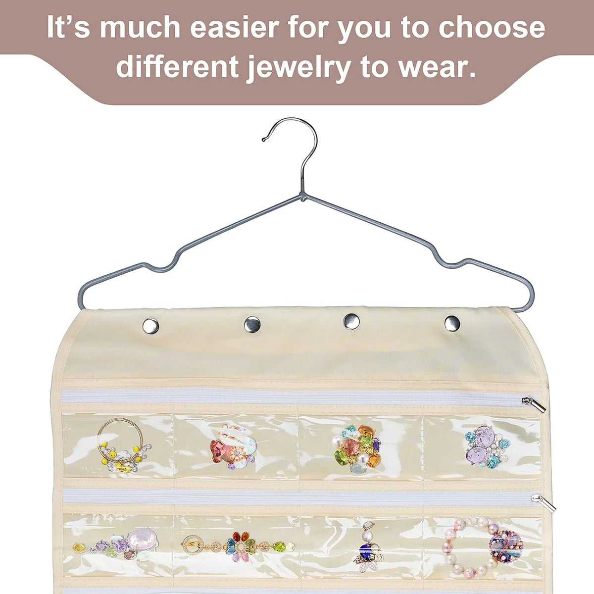 Beige Hanging Jewelry Organizer 56 Pockets for Necklaces Bracelets Storage