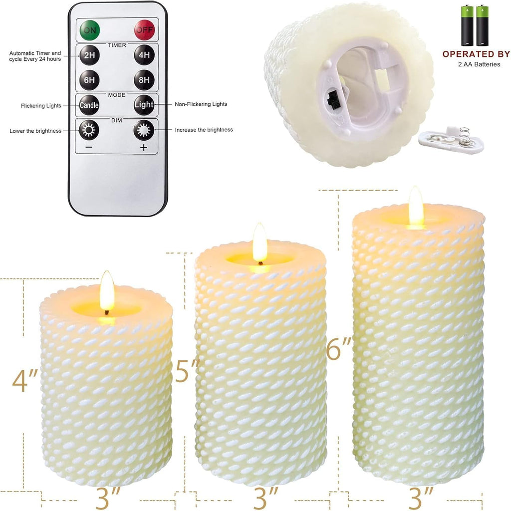 Crystal Club White Flameless Candles, Corded Pattern Carving Design