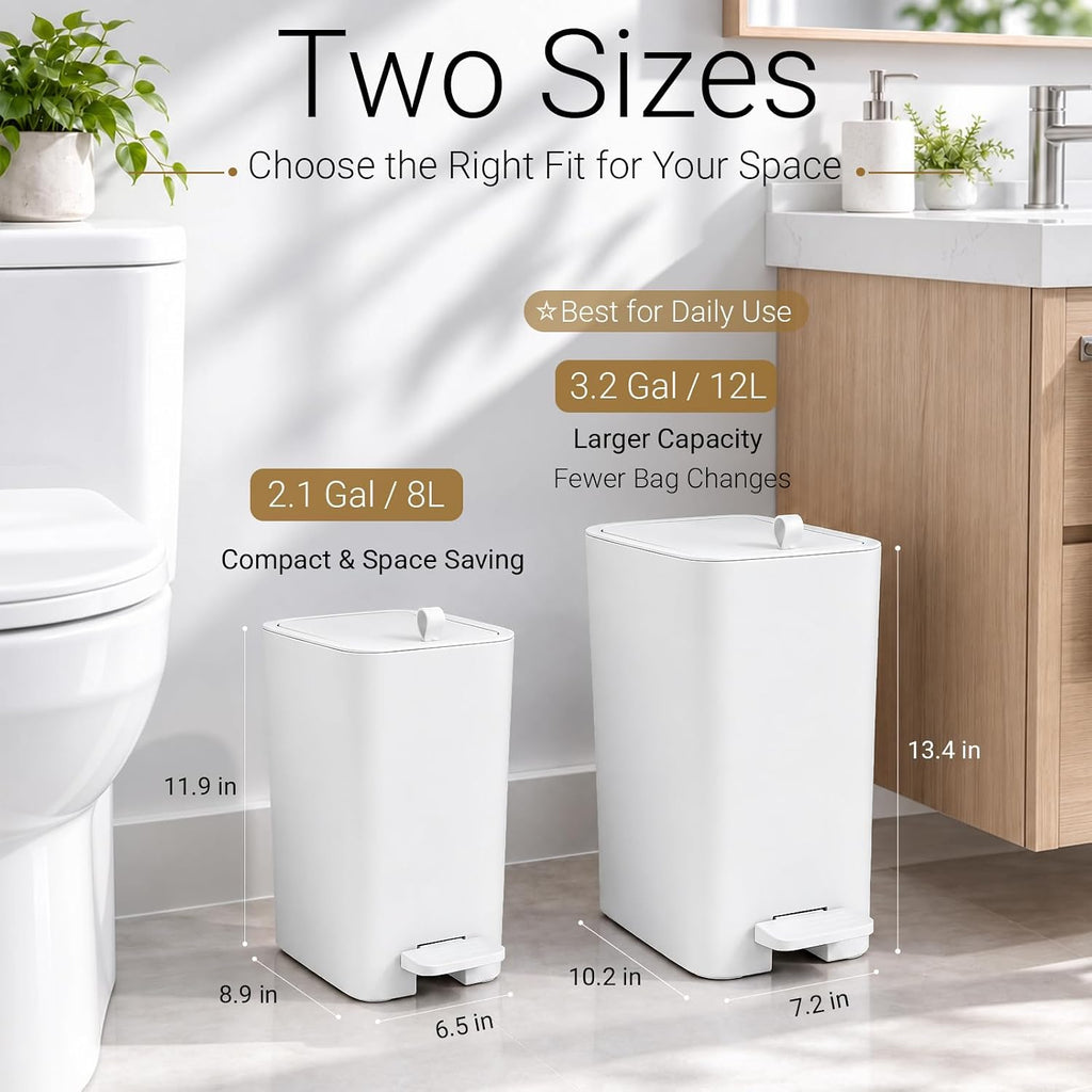 Small Bathroom Trash Can with Lid, Slim Garbage Can, 3.2 Gallon, White