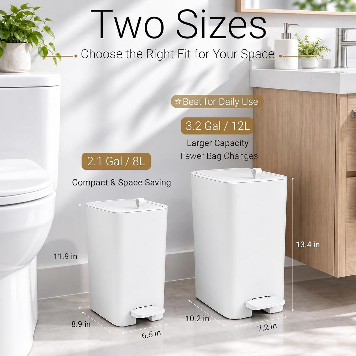 Small Bathroom Trash Can with Lid, Slim Garbage Can, 3.2 Gallon, White