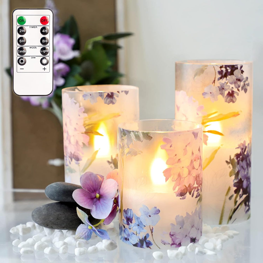 Hydrangea Flameless Candles with Remote Blinks Glass Real Wax LED Candles - Home Party Wedding Romantic Love Theme Summer Holiday Decor - Set of 3