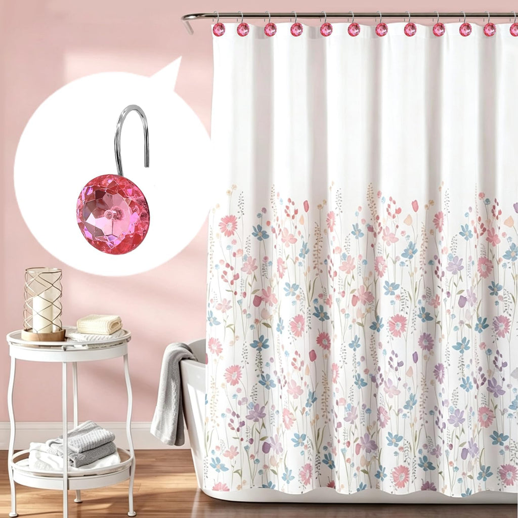 Pink Diamond Crystal Bling Shower Curtain Hooks Rings for Bathroom,12PCS