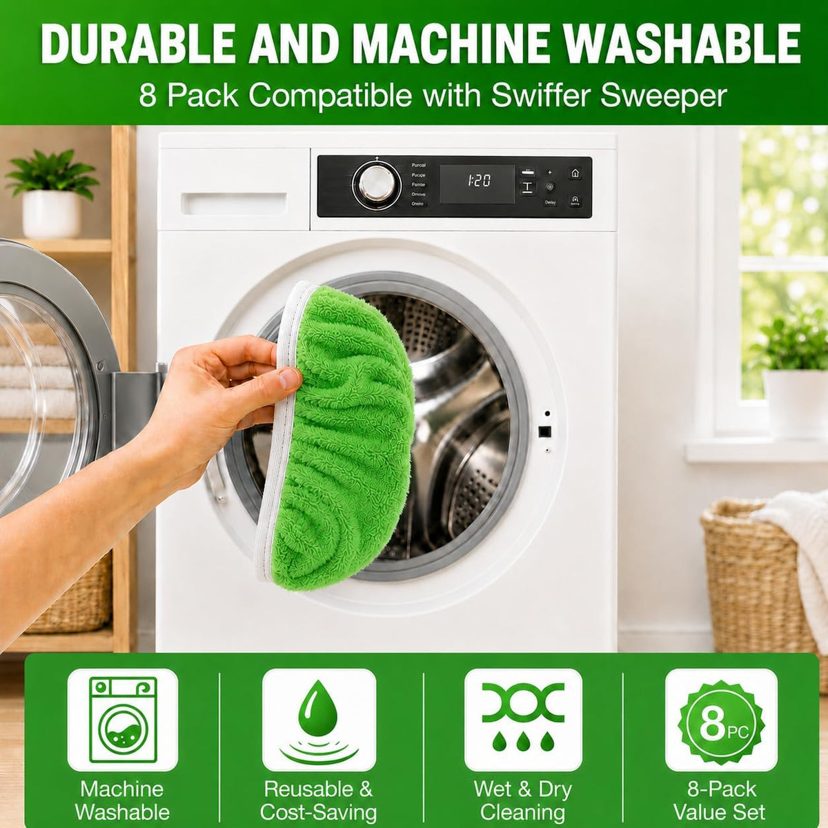 Tidy Monster 8 Pack Reusable Microfiber Mop Pads Replacement Compatible with Swiffer Sweeper, Machine Washable Mops Pads Refills for Wet & Dry Floor Cleaning, Mopping Cloths Fits Hardwood/Surface