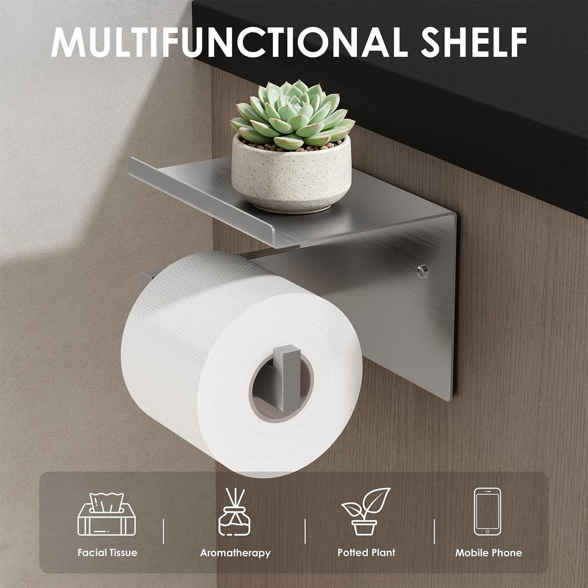 Auxmir Toilet Paper Holder with Shelf, Self Adhesive or Screw Mount, Silver