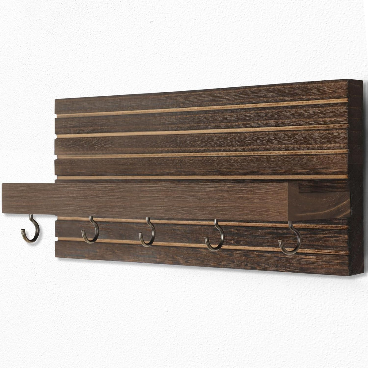 Lwenki Decorative Key Holder for Wall with Shelf, Entryway Shelf with Hooks Holds Leashes, Jackets and Glasses – Sturdy Wood Keyholder Entrance Hanger with Mounting Hardware (Brown, Medium)