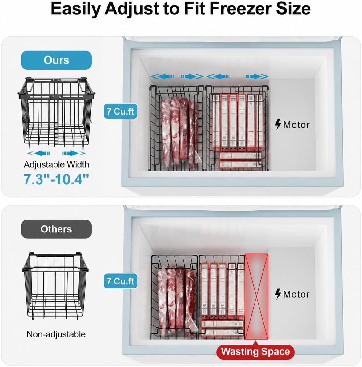 Freezer Organizer Bins - 3 Pack Adjustable Width for 5 to 7 Cu Ft Chest Freezers, Extra Height Stackable Freezer Wire Storage Baskets for Deep Freezer Organization, Black