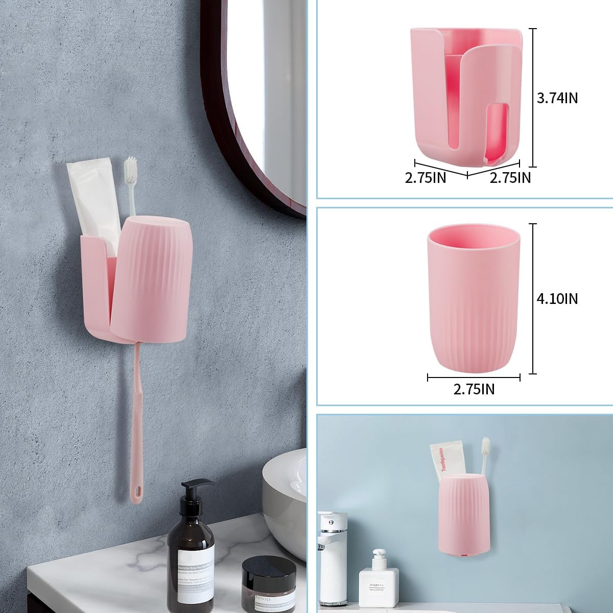 Toothbrush Holders for Bathrooms Toothbrush Holders Wall Mounted BPA-Free Tooth Brush Holder with Toothbrush Cup Drilling-Free (Pink)