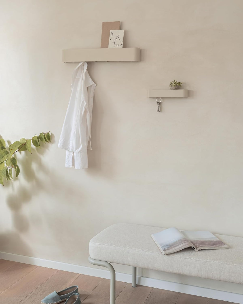Kazai. Key Holder for Wall 'Tone' | Minimalist Key Hooks Design from Berlin | Modern Key Hanger with Metal Shelf | Key Hook Wall Mounted as Hallway Furniture | Sand Taupe