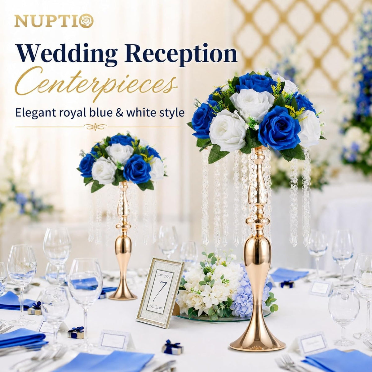 NUPTIO Flower Balls Centerpieces for Tables: Royal Blue White Fake Roses