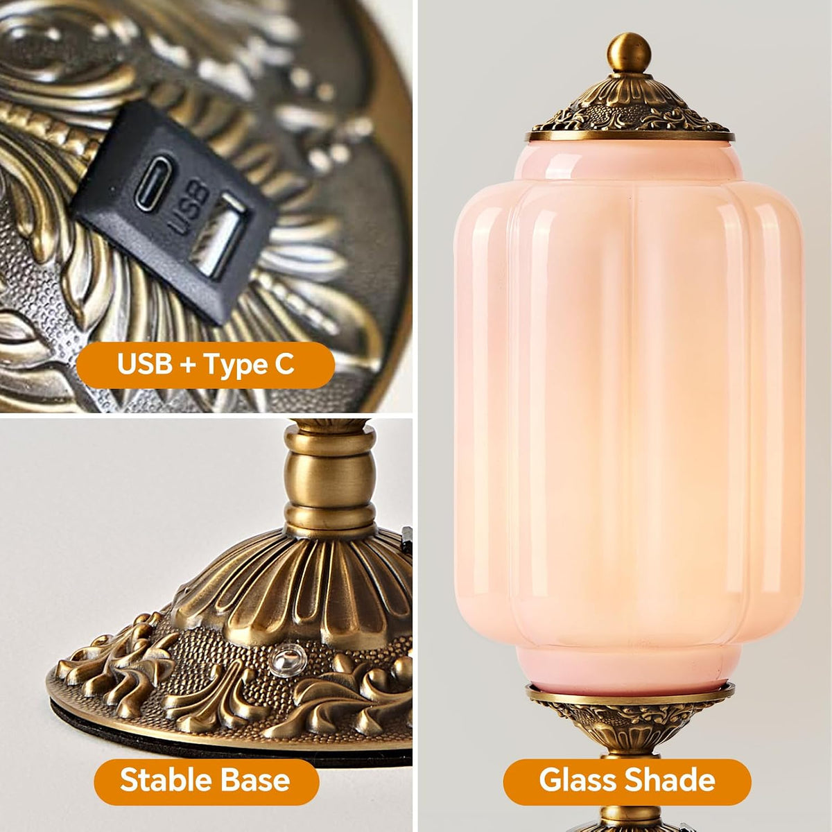 Pink Milk Glass Table Lamp, Touch Control with USB Charging Port Desk Lamp