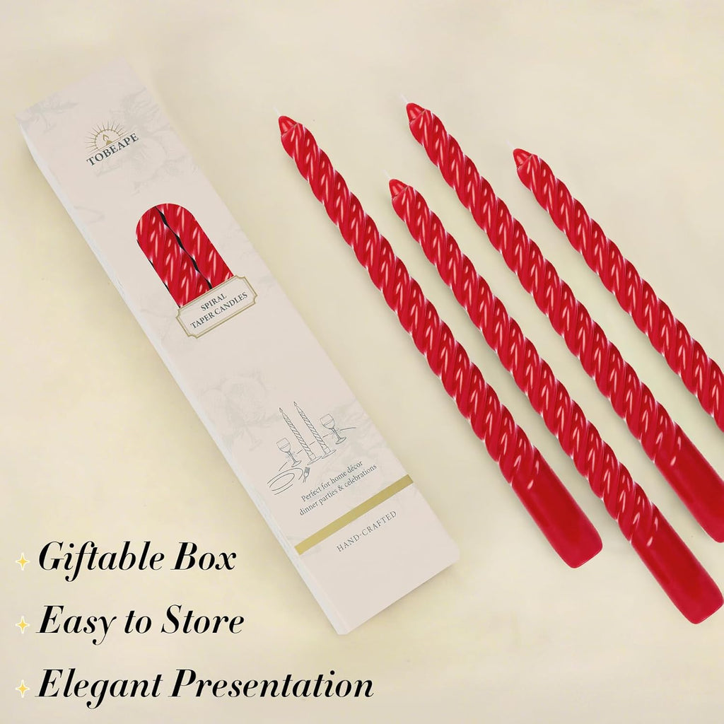 Tobeape 10 Inch Red Spiral Taper Candle Sticks 4 Pack, Unscented & Dripless