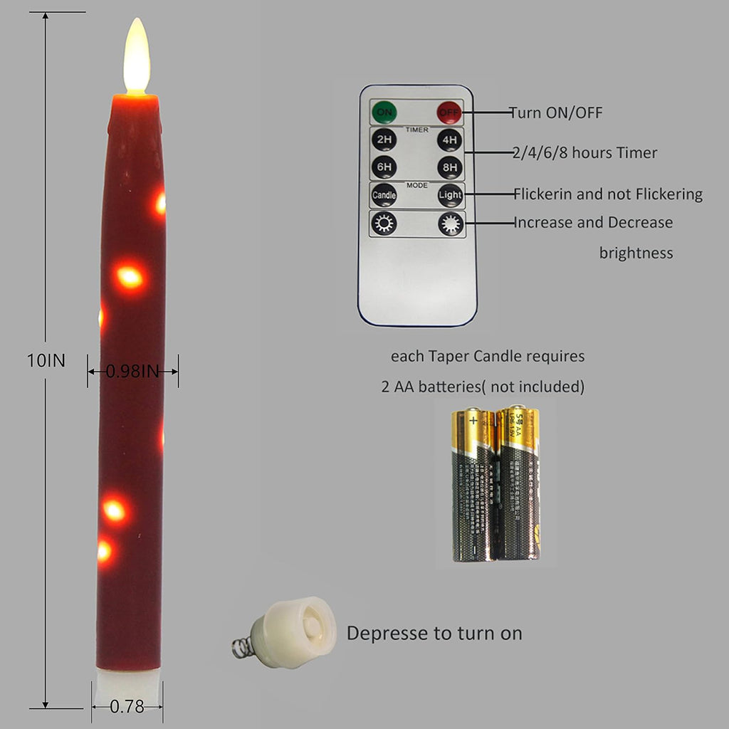Flameless Flickering Taper Candles Battery Operated with Embedded String Lights, wtih Timer and Remote, LED Real Wax Tapered Dinner Candle Set of 2 (Red)