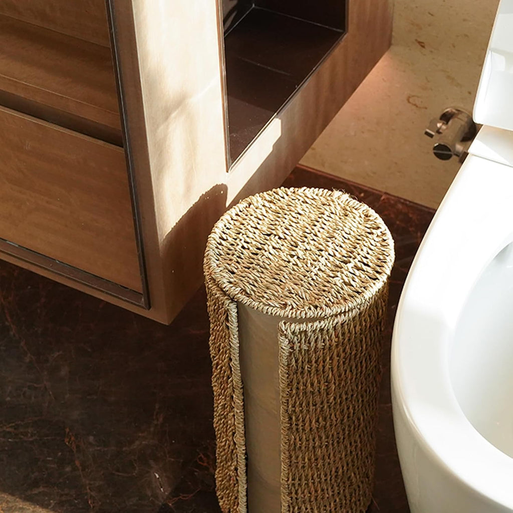 PINXIURY Seagrass Toilet Paper Holder with Storage, 3 Rolls of Wicker Toilet Paper Holder for Bathroom and Under Sink, Handmade Woven Toilet Paper Rolls Holder Stand