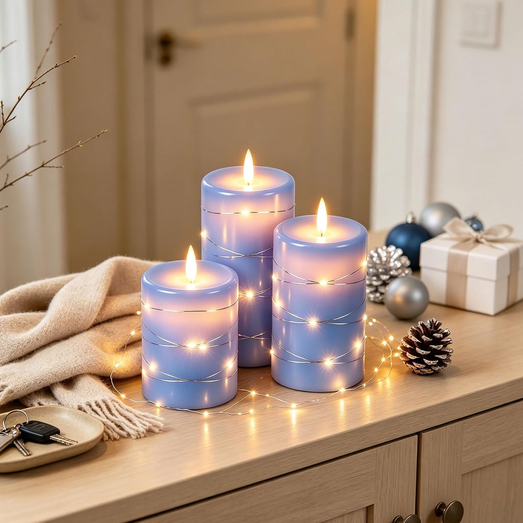 Da by 3 Pack Blue Real Wax Flameless Taper Candles, Lifelike Flickering LED Flame Candles with Surrounding Fairy String Lights, Soft Warm Battery Candles with Remote for Home Wedding Holiday Decor