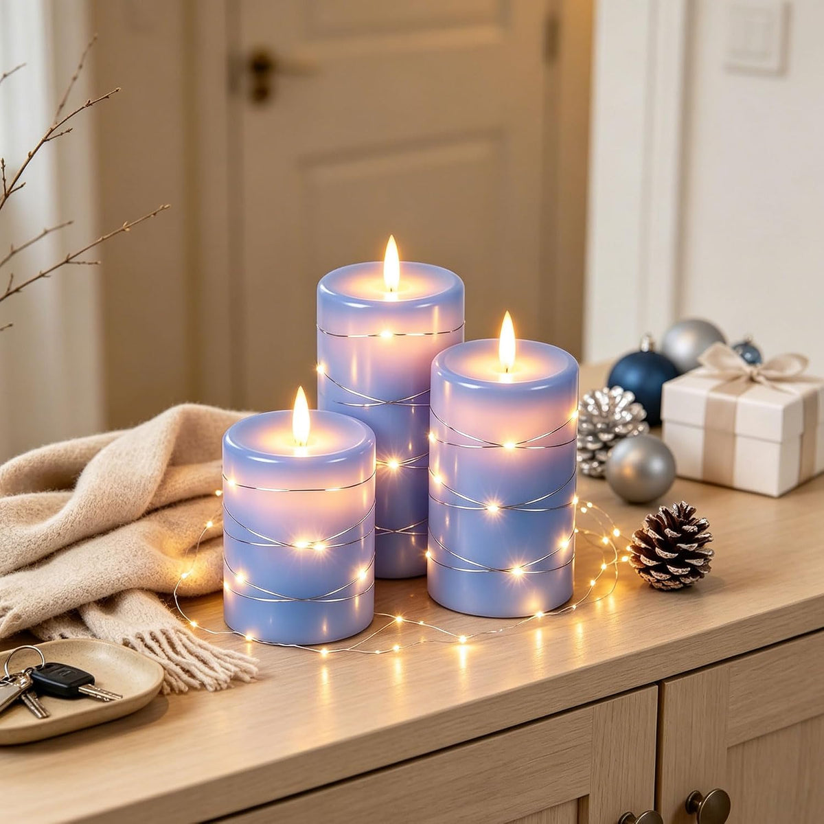 Da by 3 Pack Blue Real Wax Flameless Taper Candles, Lifelike Flickering LED Flame Candles with Surrounding Fairy String Lights, Soft Warm Battery Candles with Remote for Home Wedding Holiday Decor