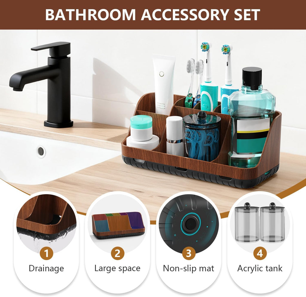 GFWARE Wood Bathroom Toothbrush Holder Set with 2 Qtip Holder Dispenser