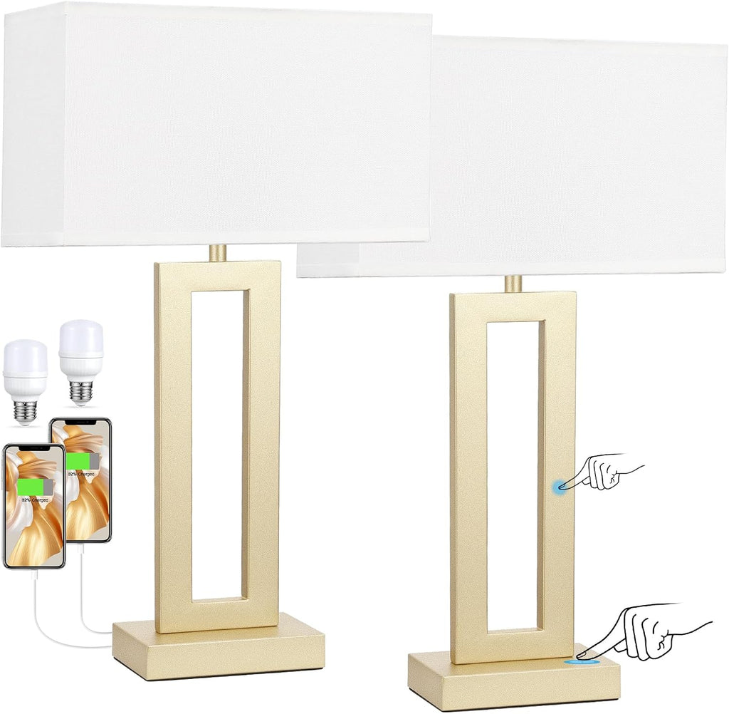 22" Tall Touch Lamps for Nightstand with USB C+A, 3 Way Dimmable Gold Lamp
