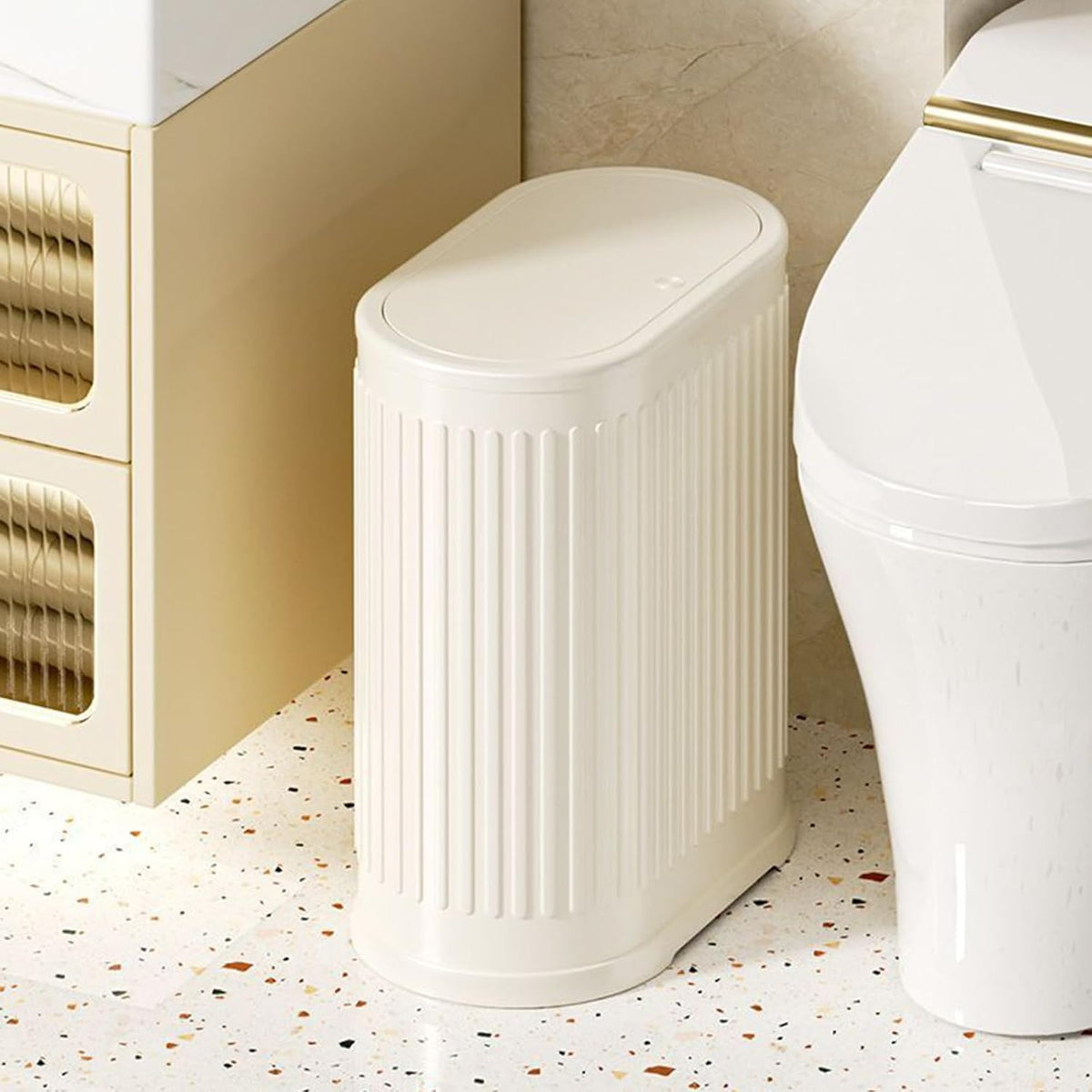 1.6 Gallon Trash Can with Lid, Small Bathroom Trash Can Wastebasket, Slim Garbage Can with Inner Bucket, Press Top Lid Garbage Container Bin for Kitchen, Home, Office, Bedroom, Living Room