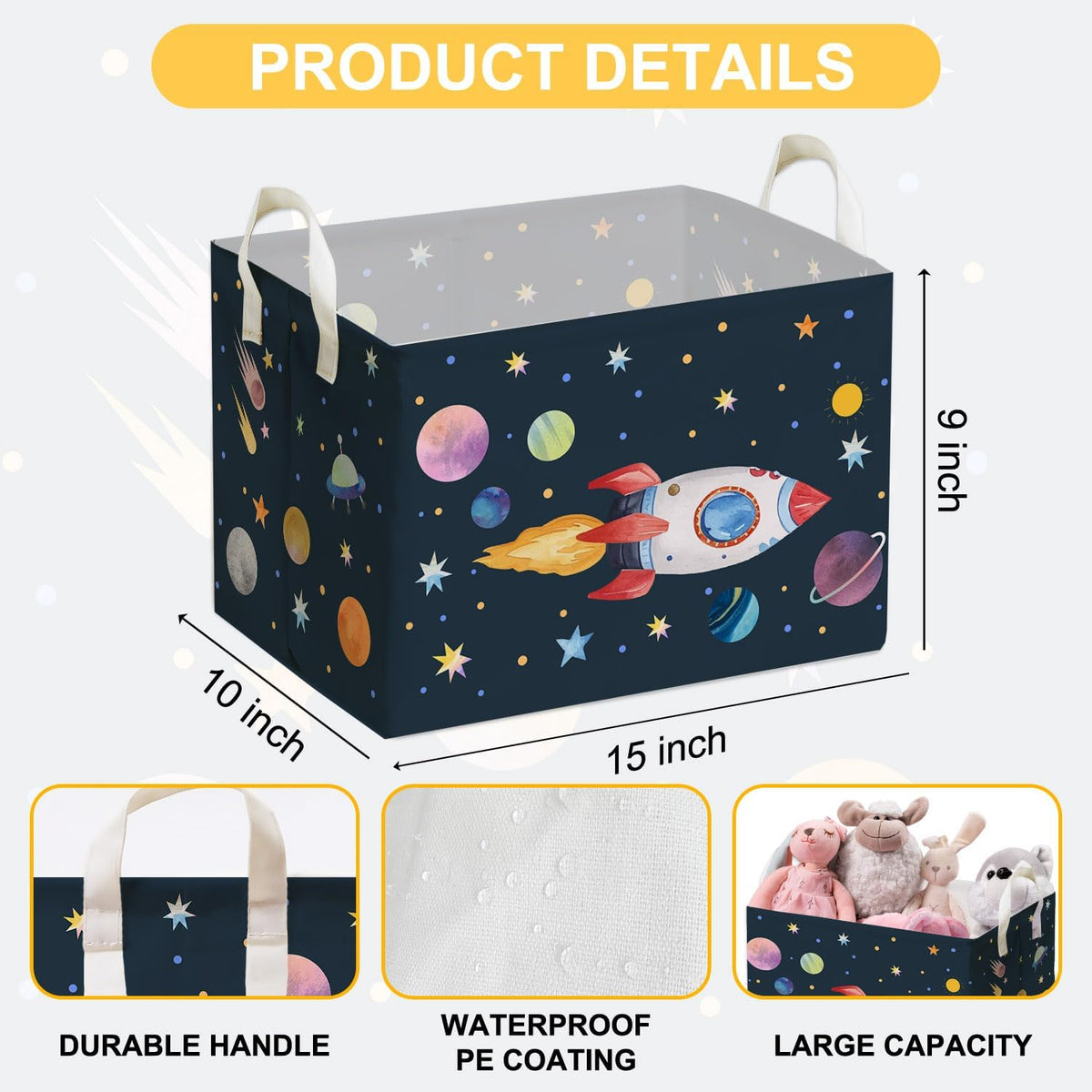 Rocket Storage Basket with Handles, Rockets Foldable Space Organizer, Waterproof Toy Box for Boys Girls, Multi Storage Container for Nursery Room, Rocket Storage for Clothes, Gifts and Home Decor