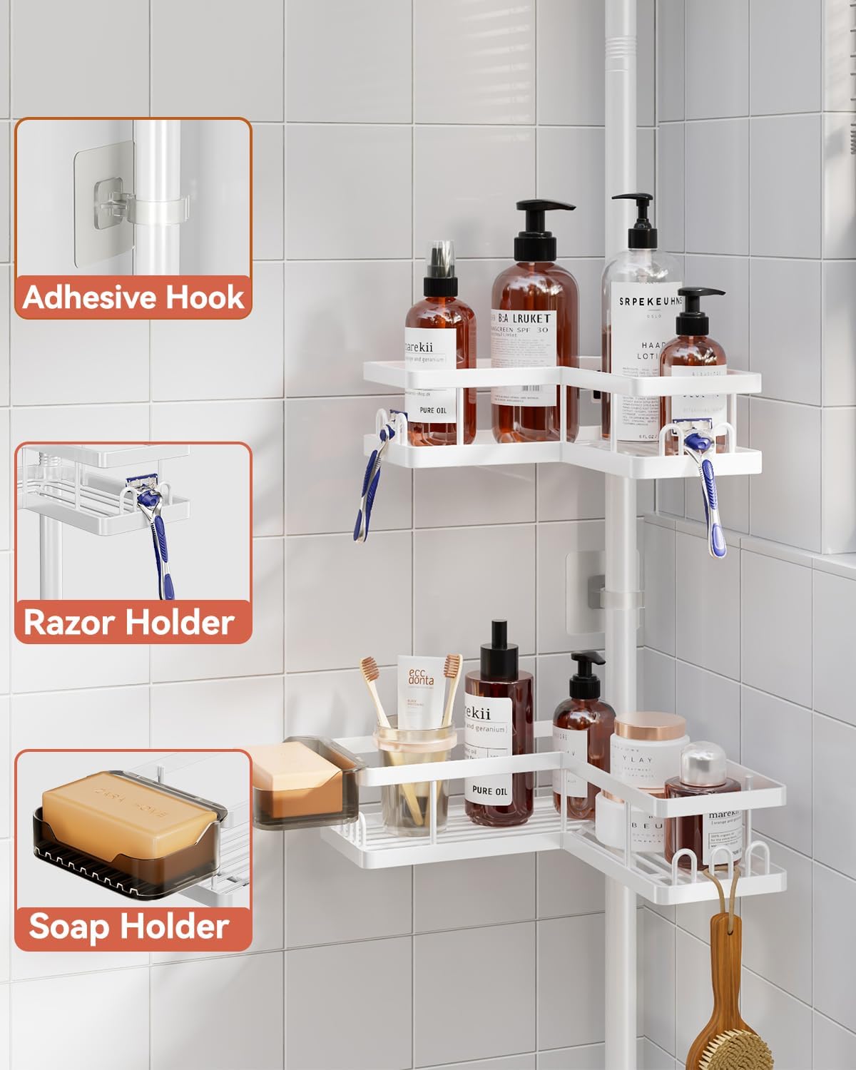 YASONIC Corner Shower Caddy Tension Pole, Adjustable Shower Shelves, Rust-Resistant Shower Organizer, No-Drill 3-Step Installation, Bathroom Shelves for Renters & Family, White