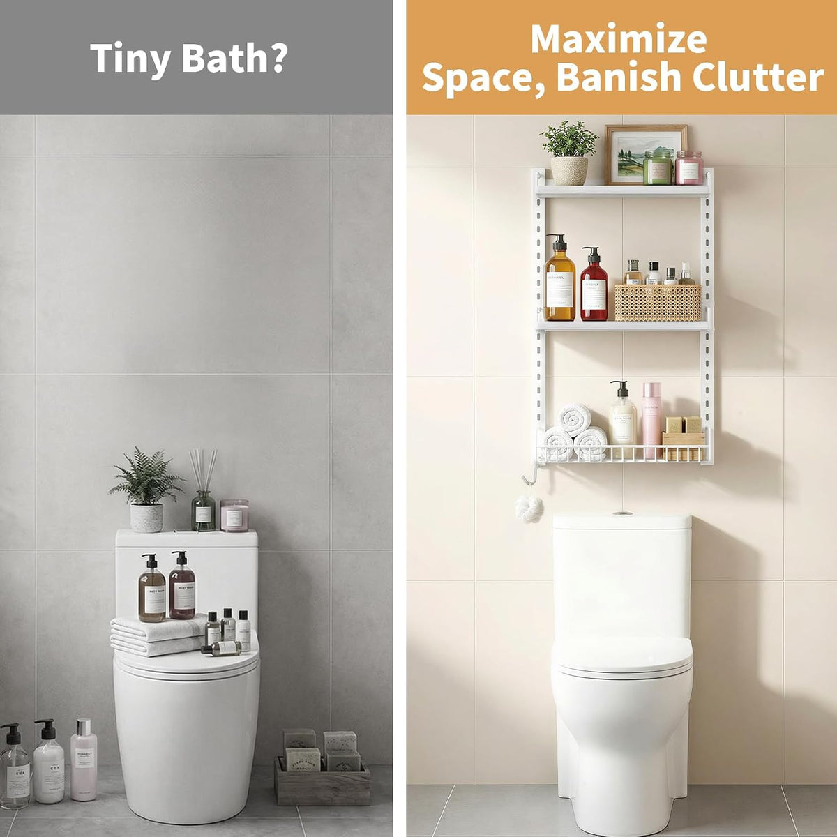 Kalrin 3 Tier Bathroom Shelves Over Toilet - Wall Mounted Floating Shelves with Drain Basket, Toilet Paper Storage, Height Adjustable Over The Toilet Storage, Pure White