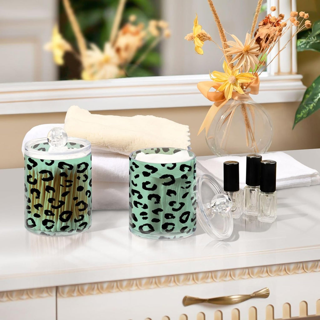 Green Black Leopard Print Qtip Holder Acrylic for Cotton Ball Swab 2 Packs