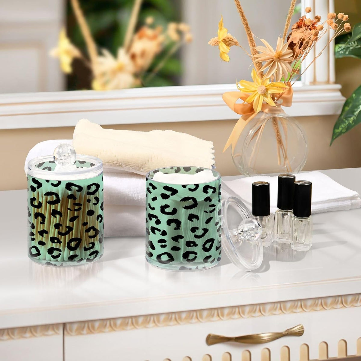 Green Black Leopard Print Qtip Holder Acrylic for Cotton Ball Swab 2 Packs