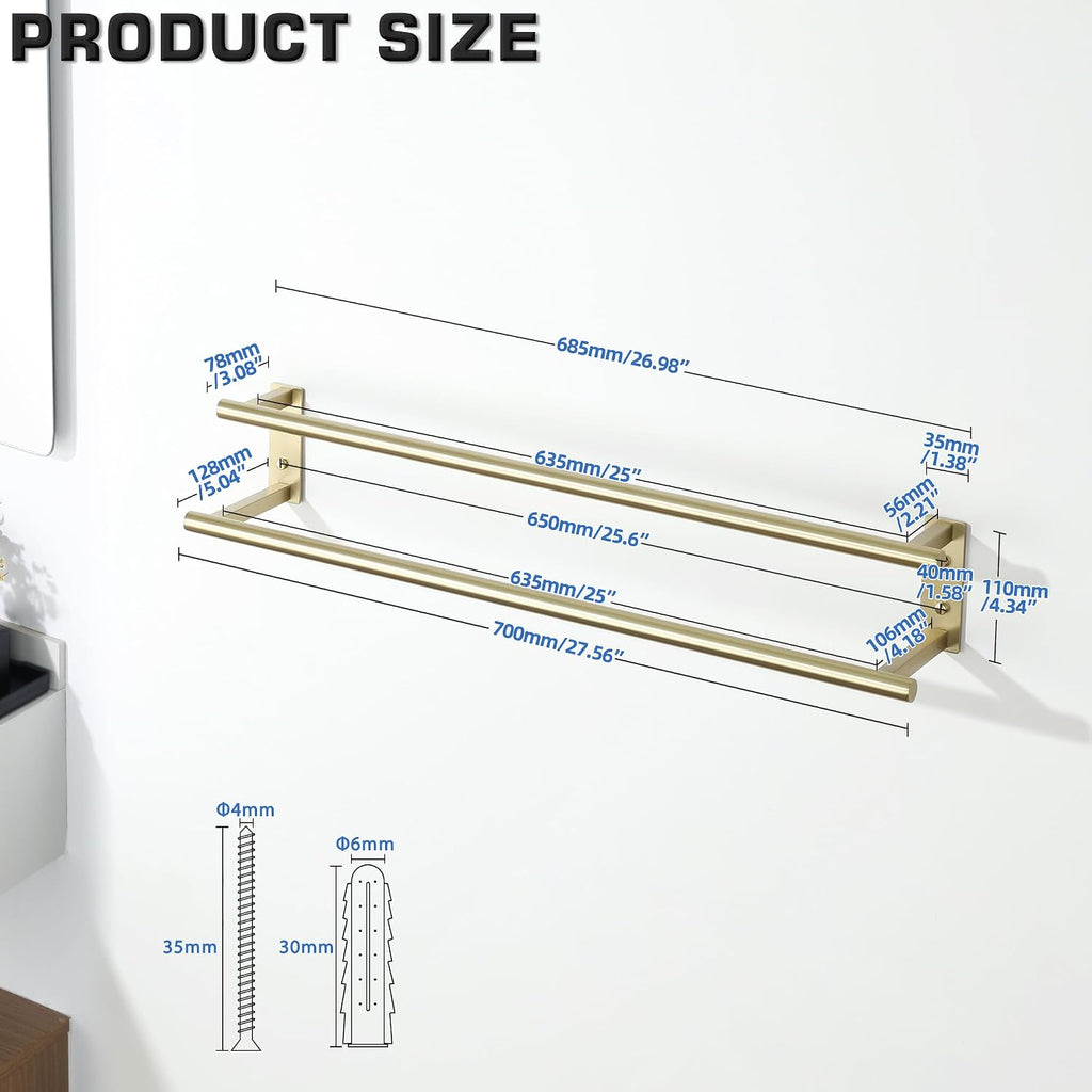 Alise 28‘’ Double Towel Bar for Bathroom Wall Mounted, Brushed Gold
