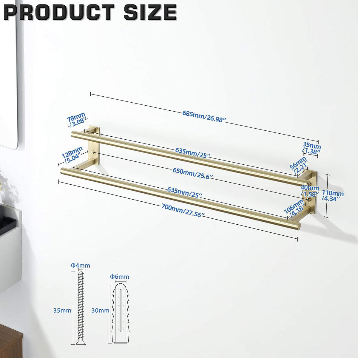 Alise 28‘’ Double Towel Bar for Bathroom Wall Mounted, Brushed Gold
