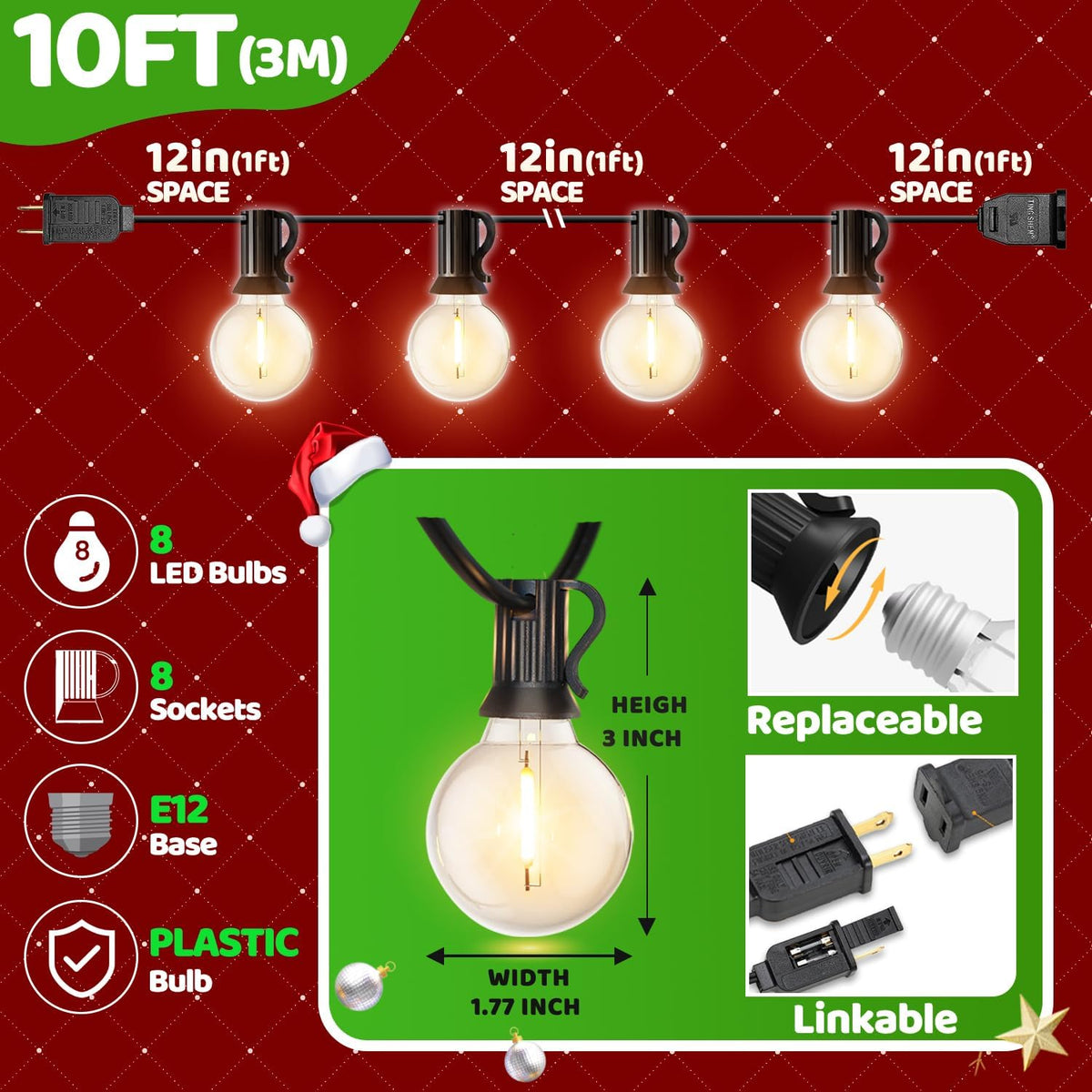 10FT LED Outdoor String Lights Waterproof Linkable for Patio Decor-SOLROS