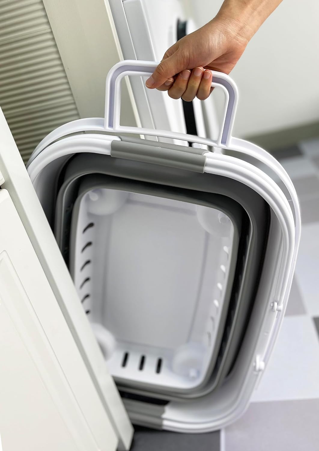 SAMMART 35L (9.24 Gallons) Collapsible Plastic Laundry Basket with Handle and Wheels - Foldable Pop Up Storage Container/Organizer with handle and wheels - Space Saving (1, White/Grey)