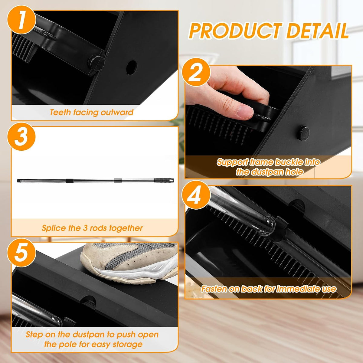 Leumoi 2 Pcs Dust Pans with Long Handle with Comb Stand up Dustpan,Black