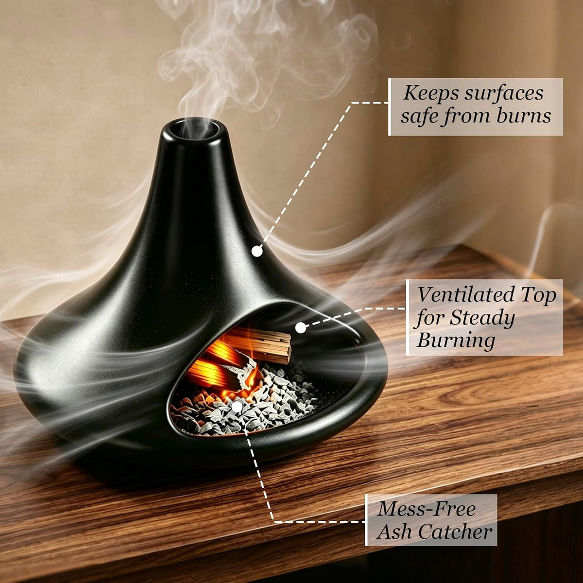 Ceramic Palo Santo Holder Matte Black, Chiminea Shape Mini Smudge Bowl Burner with Ash Catcher for Incense Cones & Candles, Palo Santo Sticks, for Meditation, Yoga, Cleansing Ceremony, Handmade