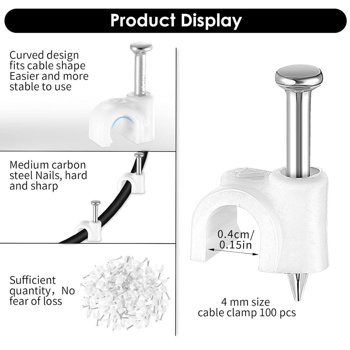 100 Pack Cable Clips with Steel Nails, 4mm White Round Wire Clips, Ethernet Coaxial Cable Clip Cord Clip for Wires on Wall Cables Management Organizer(Compatible with Wire Diameter ≤4mm)