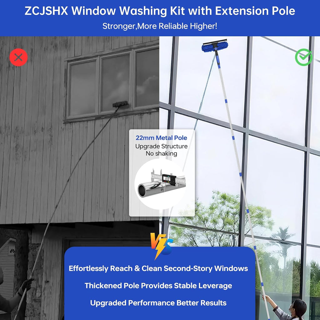 Window Washing Kit with Extension Pole: 3 in 1 Window Squeegee 20+ Ft Reach