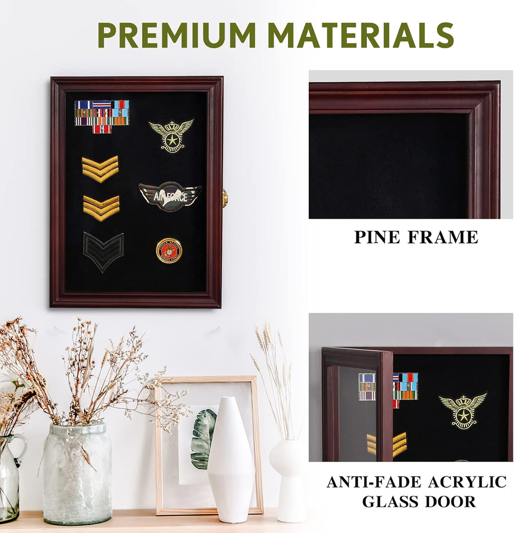 Pin Display Case 11x15, Lockable Shadow Box for Medals, Red Finish